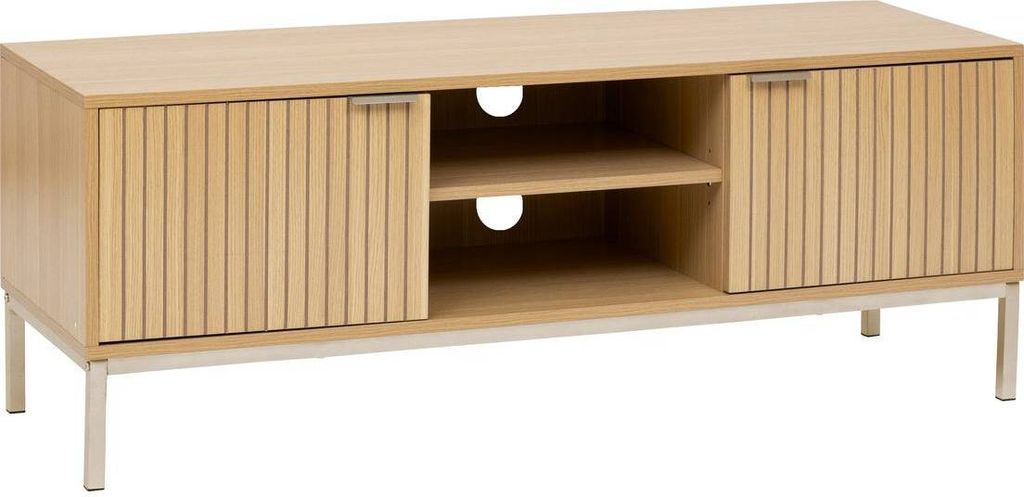 A light wood-effect TV stand with two fluted doors and open shelving in the center.