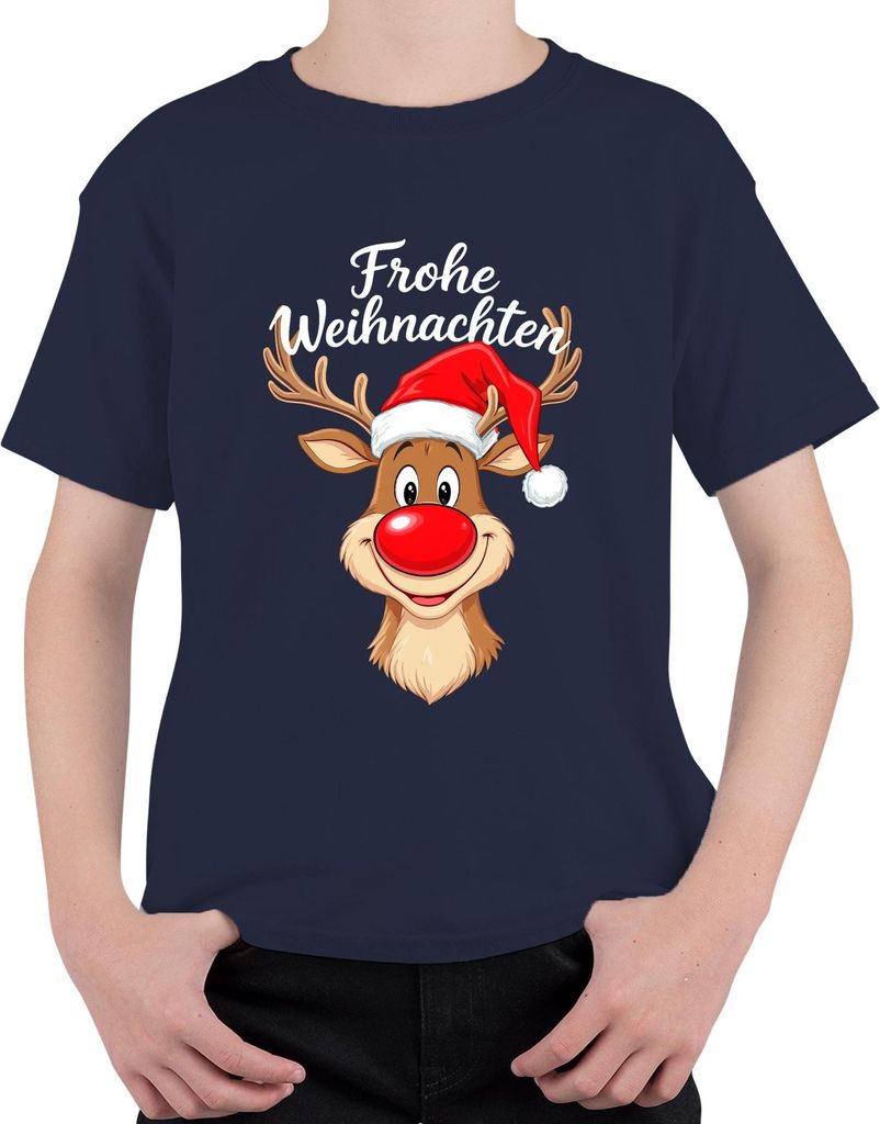 Frohe Weihnachten Rudolph rote Nase Weihnachtsmütze Kinder Lustig Uni Kinder T-Shirt, Navy, 152