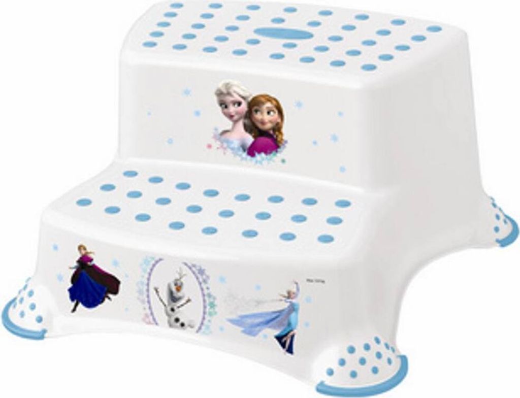 A white two-step stool for children, decorated with images from the Disney movie Frozen.