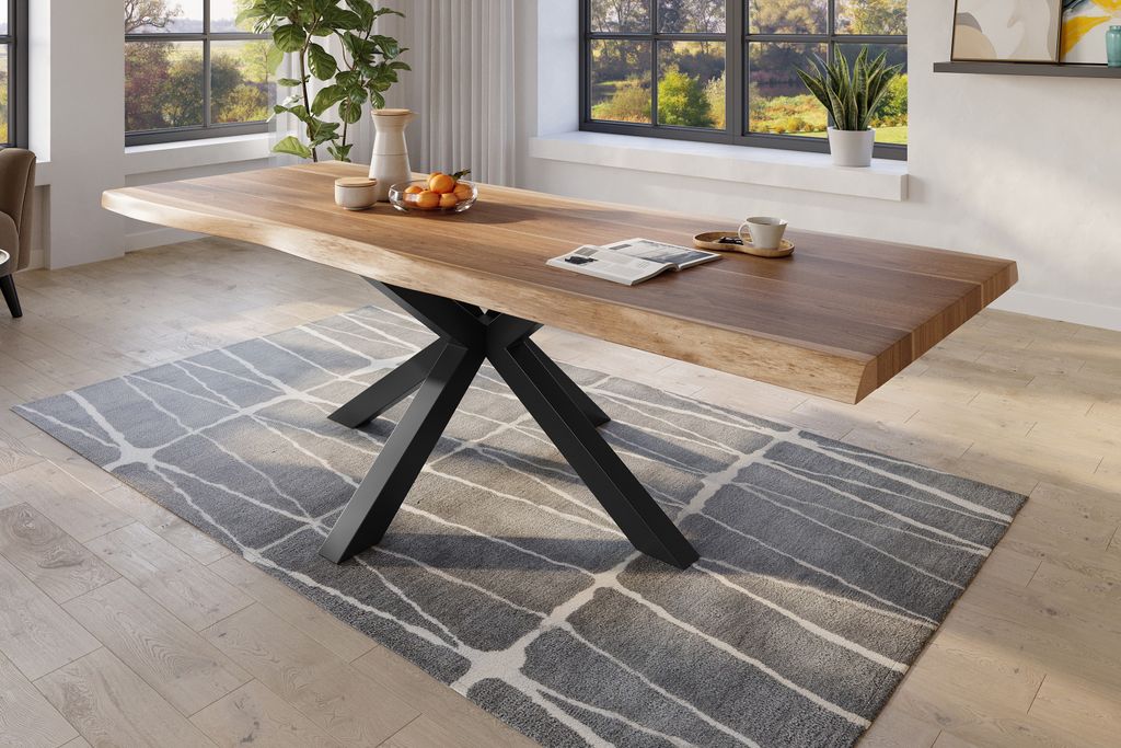 Refurbished Möbelretoure Baumkantentisch 280 x 110 cm Esstisch massiv Akazie Natur Spider-Gestell Schwarz TITAN