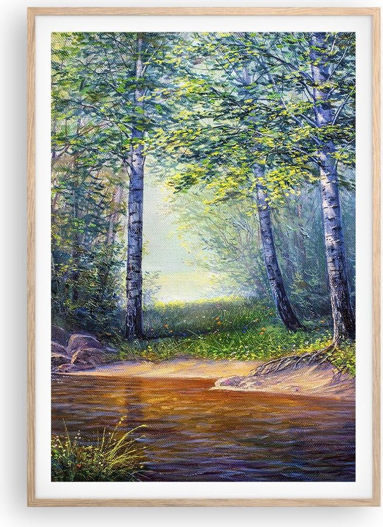 Gerahmtes Poster - Rahmen in heller Eiche - Wiese Wasser Baum - 70x100 cm - Wand Bild - Wanddeko - Wandbilder - Wandposter - Bilderrahmen - Bilder ...