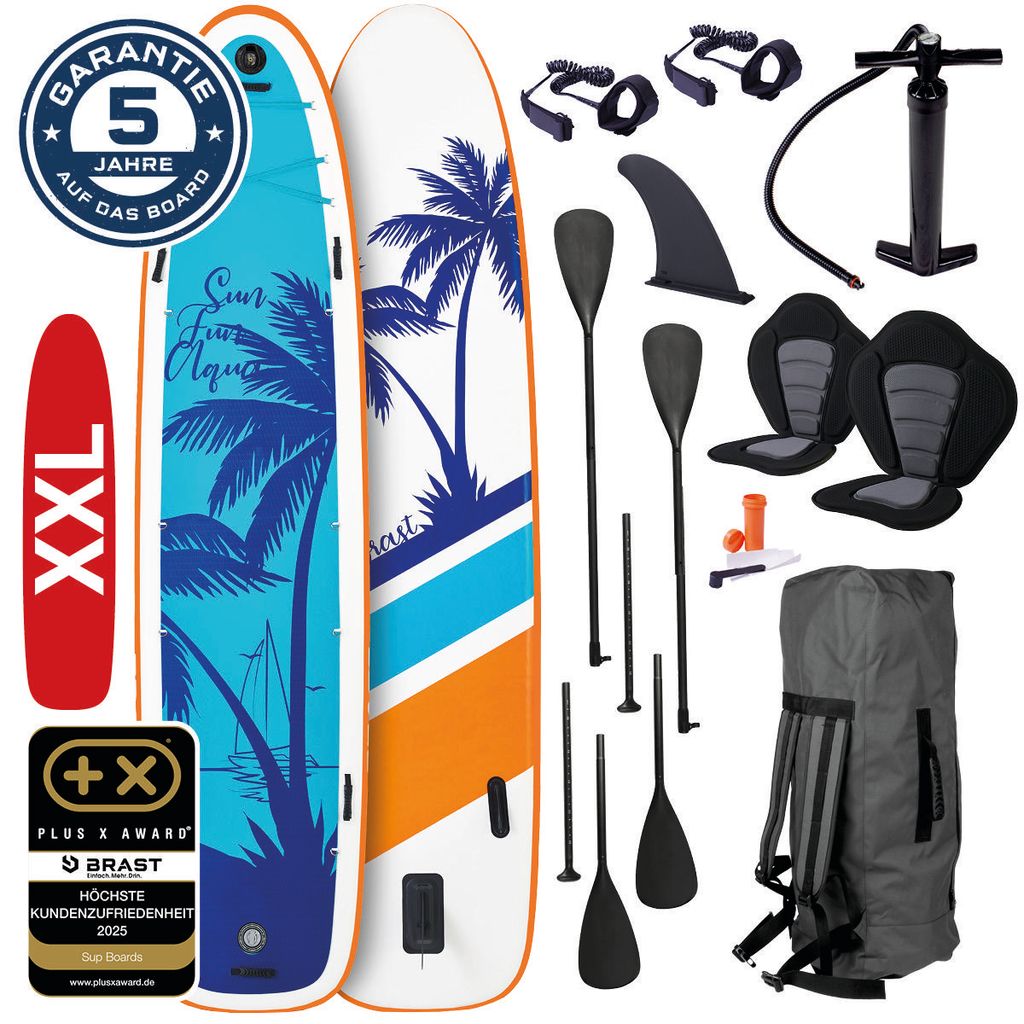 BRAST SUP Board Family | Aufblasbares Stand up Paddle Set XXL | 370x87x15cm bis 250kg | 7 Designs | inkl. Zubehör 2X Kajak-Sitz 2X Fußschlaufe 2X...