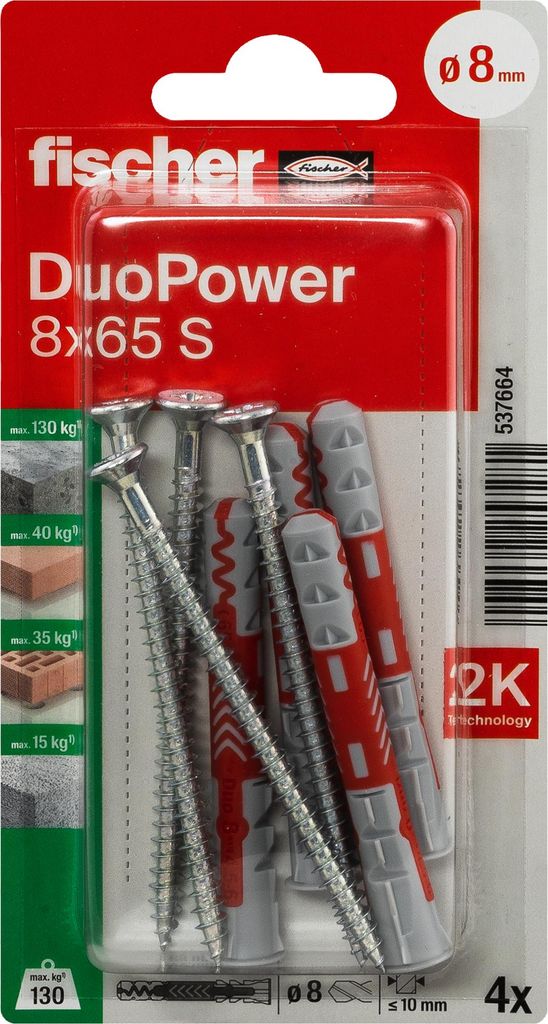 fischer Allzweckdübel DuoPower 8 x 65 S, 4 Stück Produktbild 
