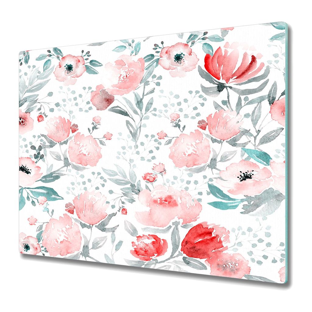 Küchenschneidebrett - Glasschneidebrett - Herdabdeckung - 60x52 - Aquarellblumen