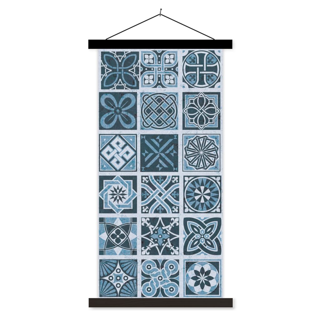 MuchoWow Textilposter Blumen - Blau - Muster - Figuren 90x180 cm mit schwarzem Rahmen - Dekoration Wohnzimmer