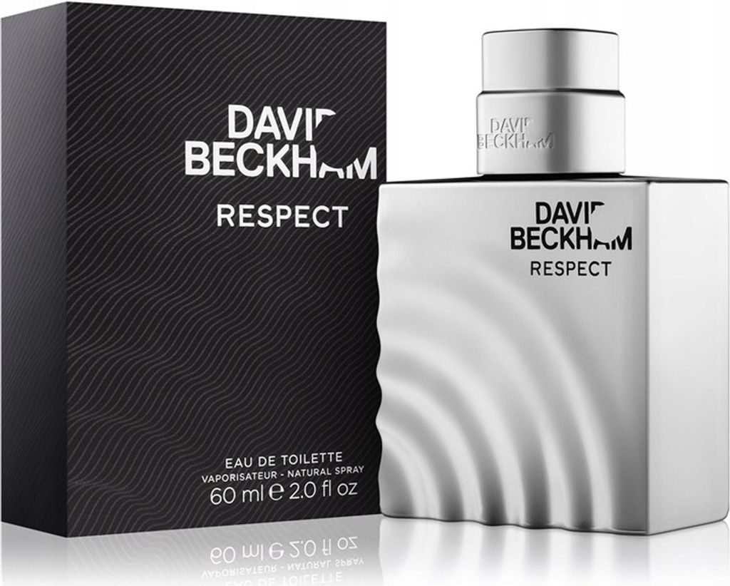 A bottle of David Beckham Respect Eau de Toilette and its packaging are displayed against a white background.