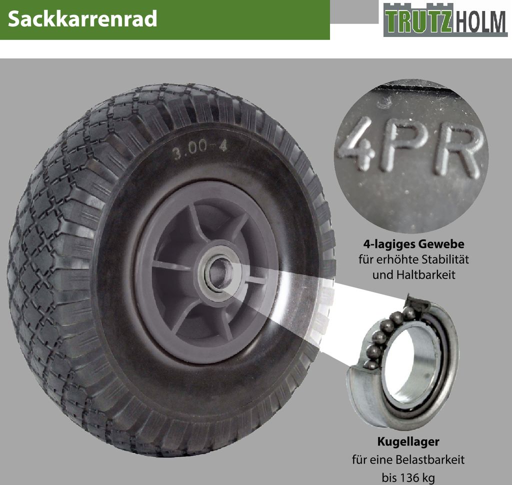Sackkarrenrad 260x85 mm 3.00-4 Bollerwagenrad, Luftrad, Produktbild 2