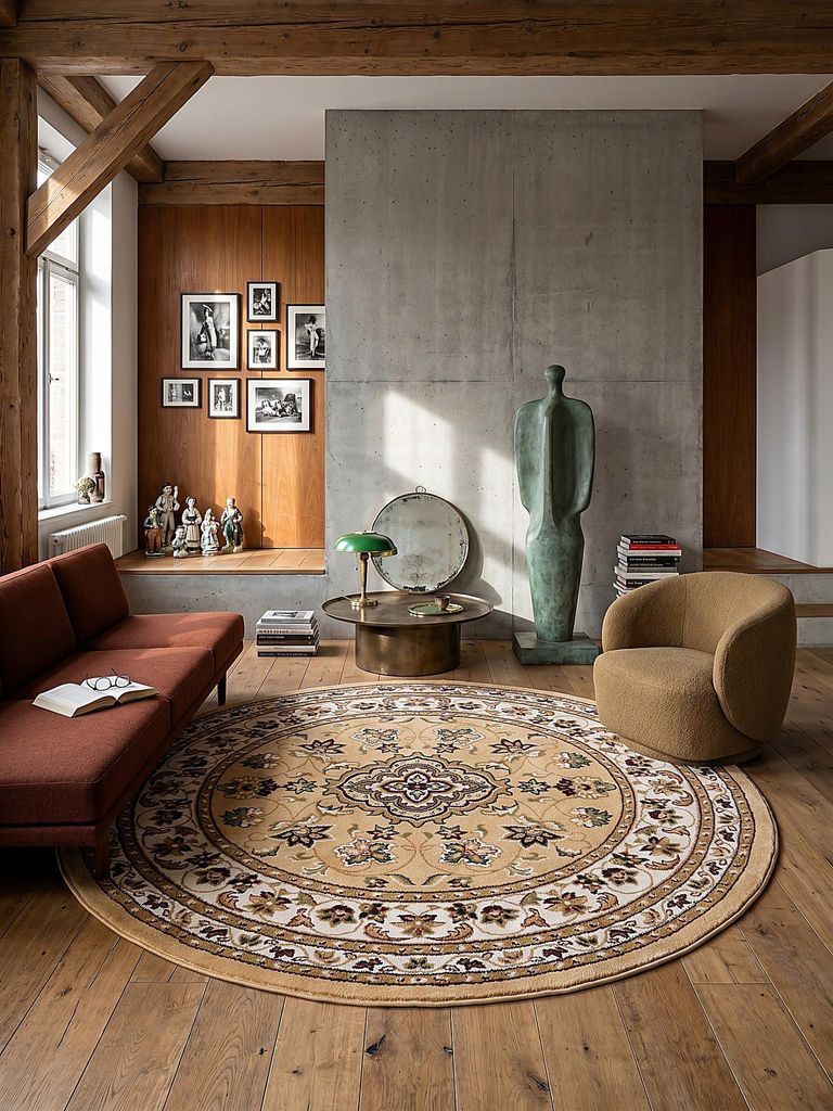 Rundteppich Mittelflor Traditionell Polypropylen Braun 133x133 cm Wohnzimmer Schlafzimmer Orientalisch GLAZERT | Kadima Design