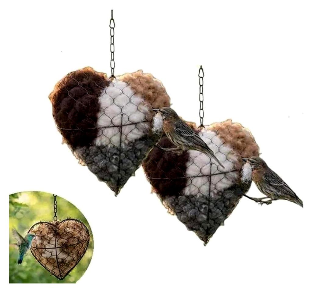 2X Faser Vogel Nistherz aus Alpakawolle, handgefertigt und nachfüllbar als Nistkasten. Bietet Unterschlupf und Nistmaterial für Vögel im Winter ...