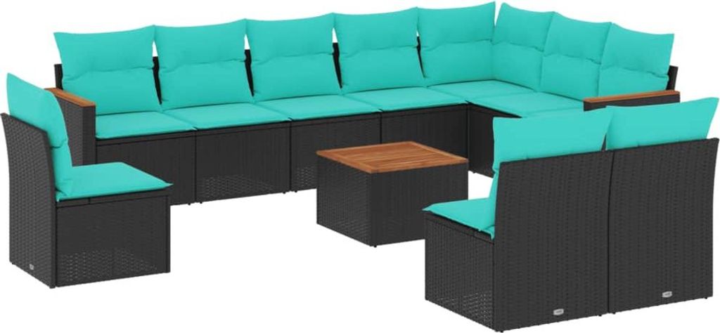 11-teiliges Gartensofa-Set mit Kissen, schwarzes Polyrattan