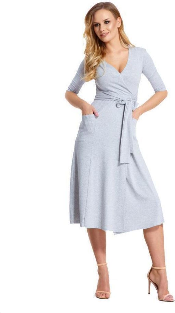Damen Kleid 3/4 Arm Abendkleid mit V-Ausschnitt Cocktailkleid lang; Graumeliert/XL/2XL