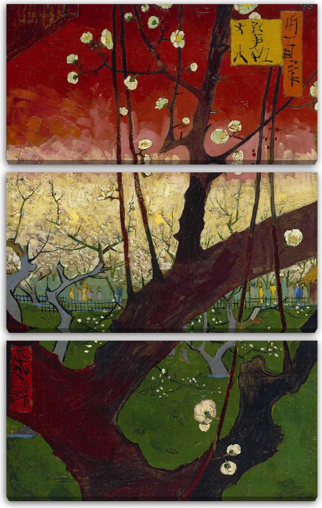 Leinwandbild 3-teilig (80x120cm): Vincent van Gogh - Blühender Pflaumenbaum (nach Hiroshige), echter Holz-Keilrahmen inkl. Aufhänger, handgeferti...