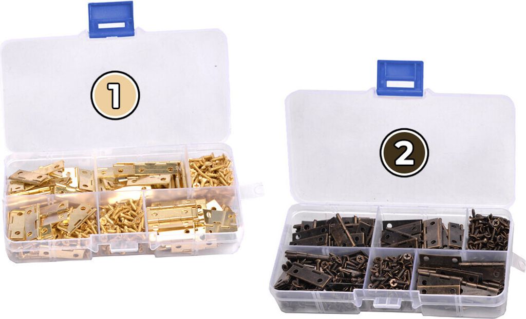 Set mit 100 Metallscharnieren (Gold, 24x16 mm), geliefert in einer Plastikbox