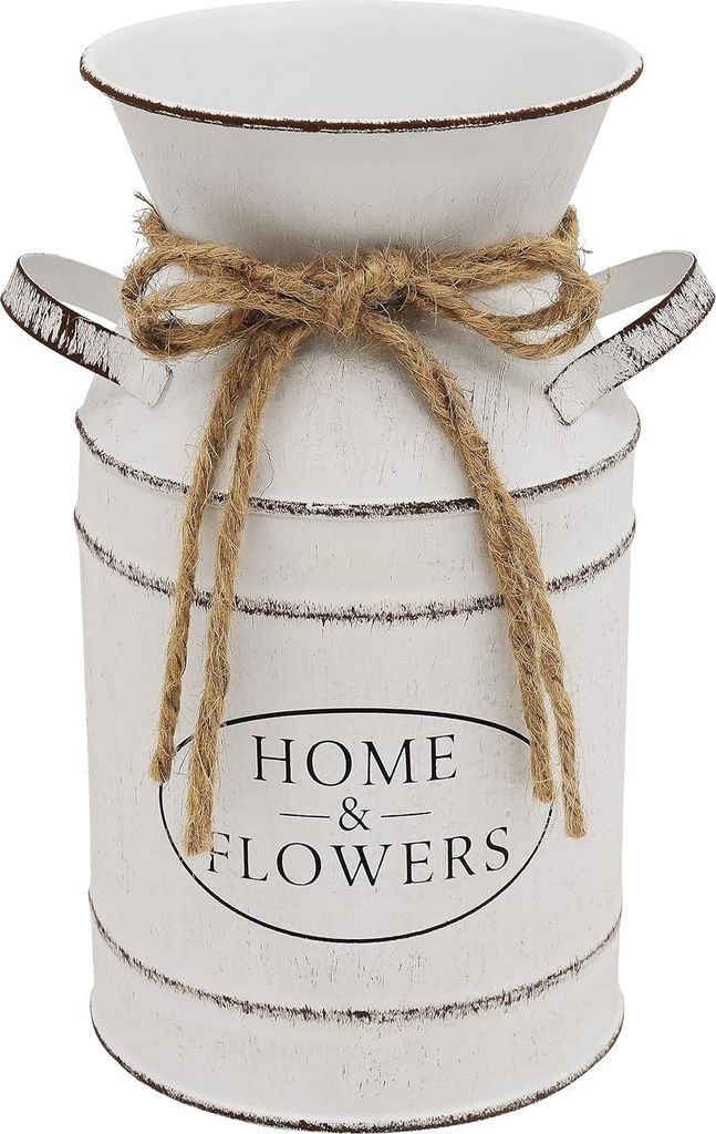 Vintage Metallblumenvasen - Dekorative Eimer-Vase für Bauernhaus-Dekor - Milchkanne Vase mit Griff - Französische weiße Vase - Galvanisierte Obe...
