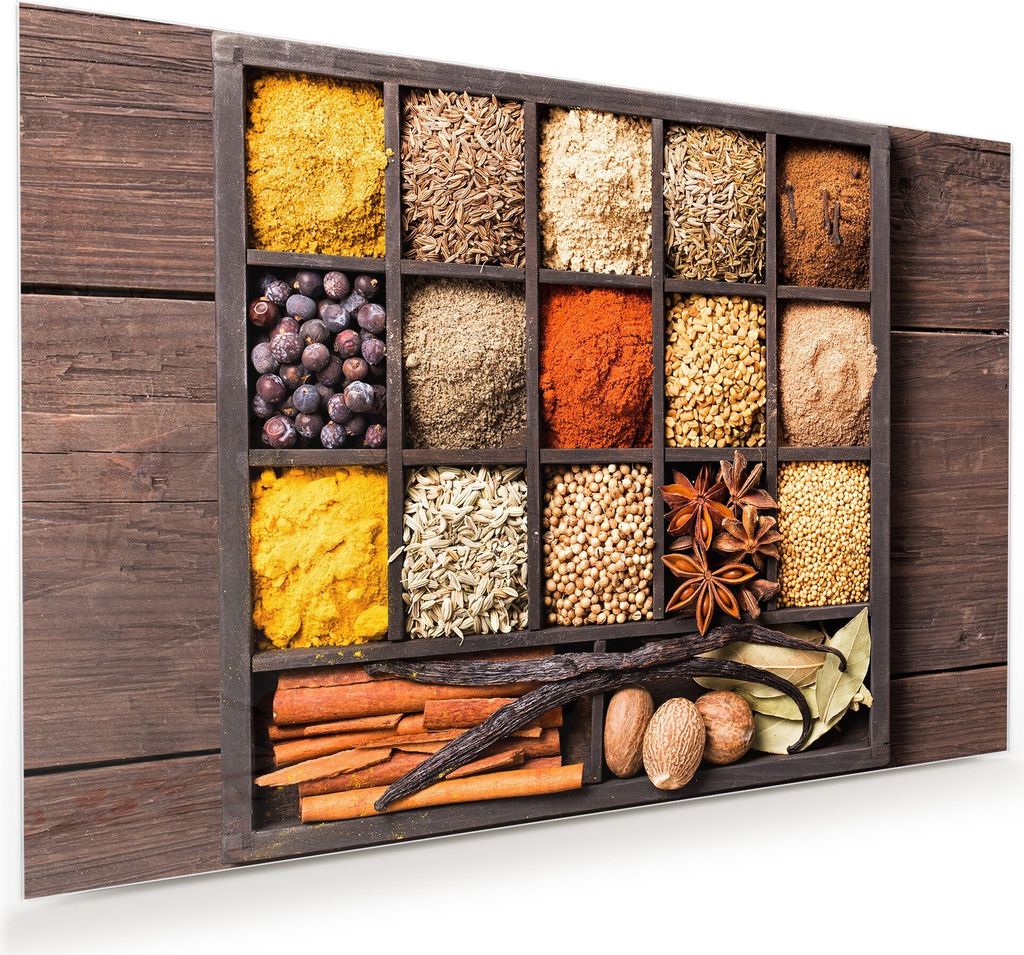 Glasbild Wandbild Gewürze in Box 45x30cm in XXL für Wohnzimmer, Schlafzimmer, Badezimmer, Flur