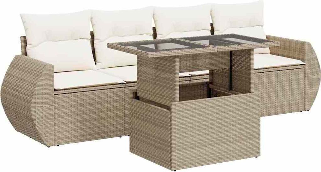 5-tlg. Garten-Sofagarnitur mit Kissen Beige Poly Rattan