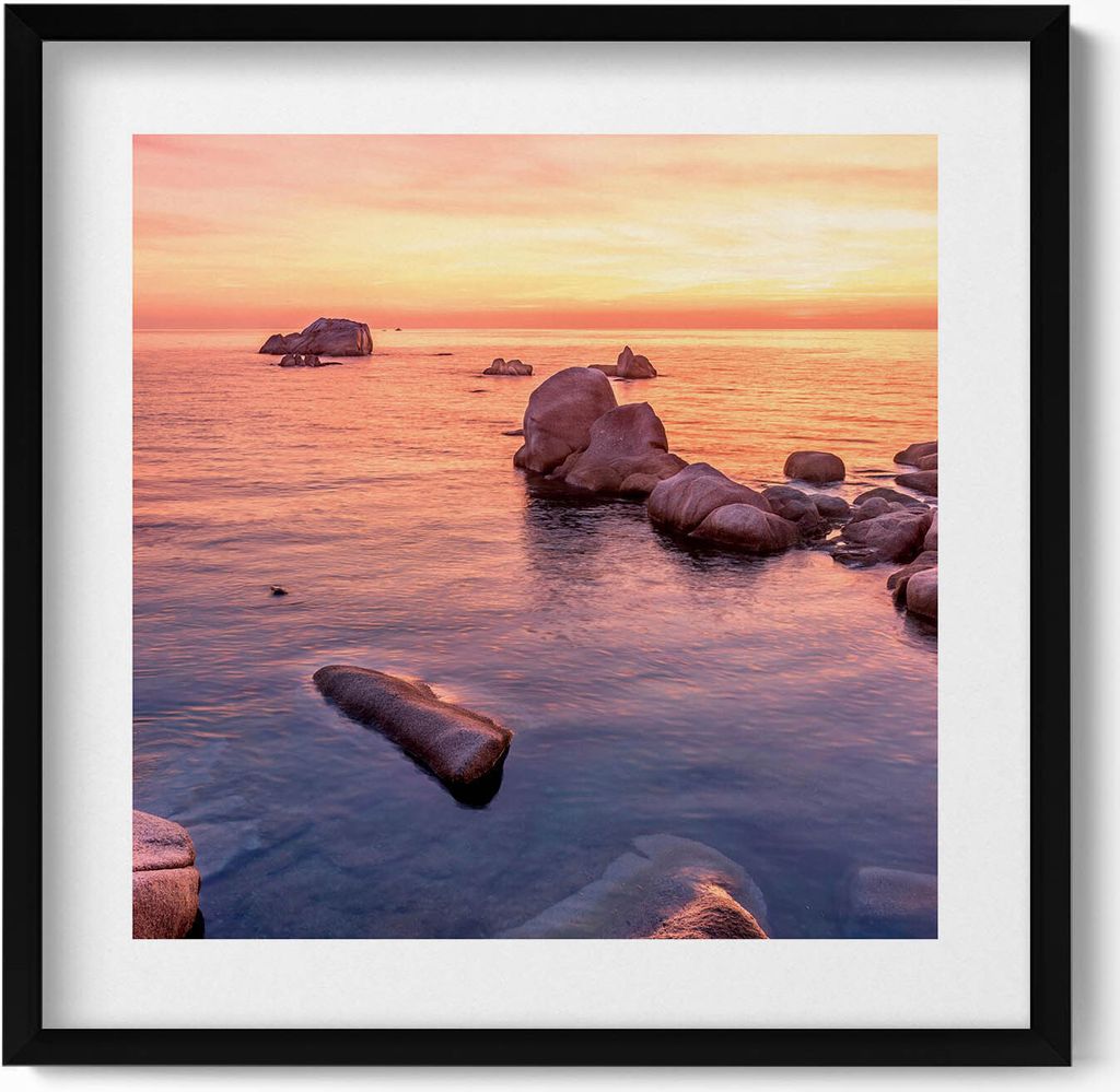 Romantische Seelandschaft bei Sonnenuntergang– Wandbild mit Rahmen – Gerahmtes Bild – Wanddekoration – 50x50 cm – Schwarz Rahmen