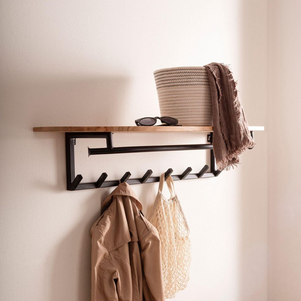 FineBuy Wandgarderobe Akazie Massivholz 100 cm mit Ablage - Produktbild 
