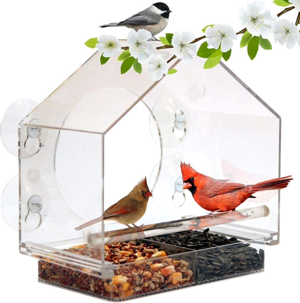 Fenster-Vogelhäuschen mit verschiebbarem Futterspender und 4 extra starken Saugnäpfen. Große Vogelhäuschen für draußen. Vogelhäuschenform.