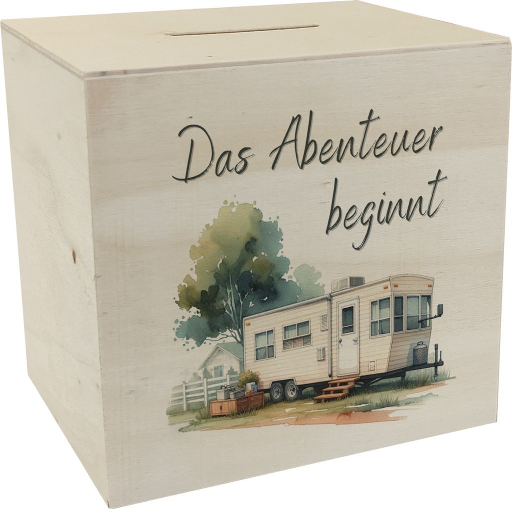 Abenteuer Wohnwagen Spardose aus Holz mit Spruch Das Produktbild 