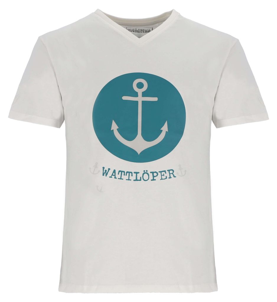 Wattlöper Herren T-Shirt mit Anker-Prägedruck im Kreis-Print - Kurzarm-Shirt mit V-Ausschnitt in Hellgrau Größe S