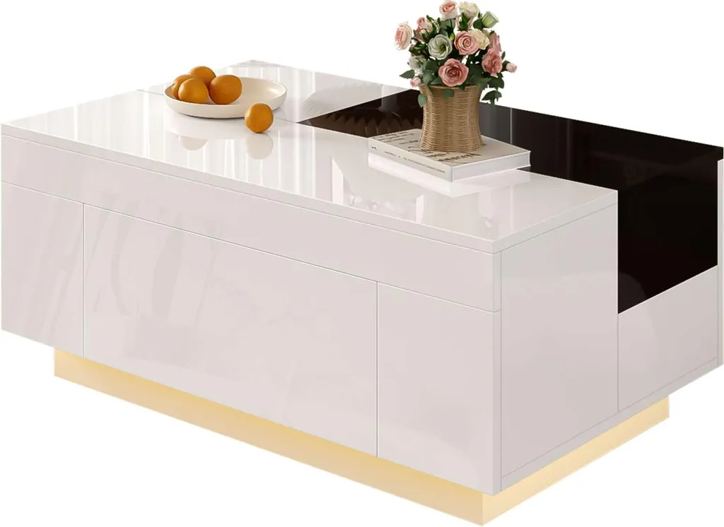 Table basse avec rangement caché et LED RGB, design laqué blanc et noir