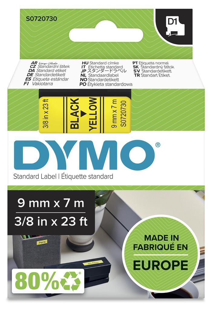 DYMO páska D1 9 mm x 7m, černá na žluté, Černá na žluté, Obrázek produktu 