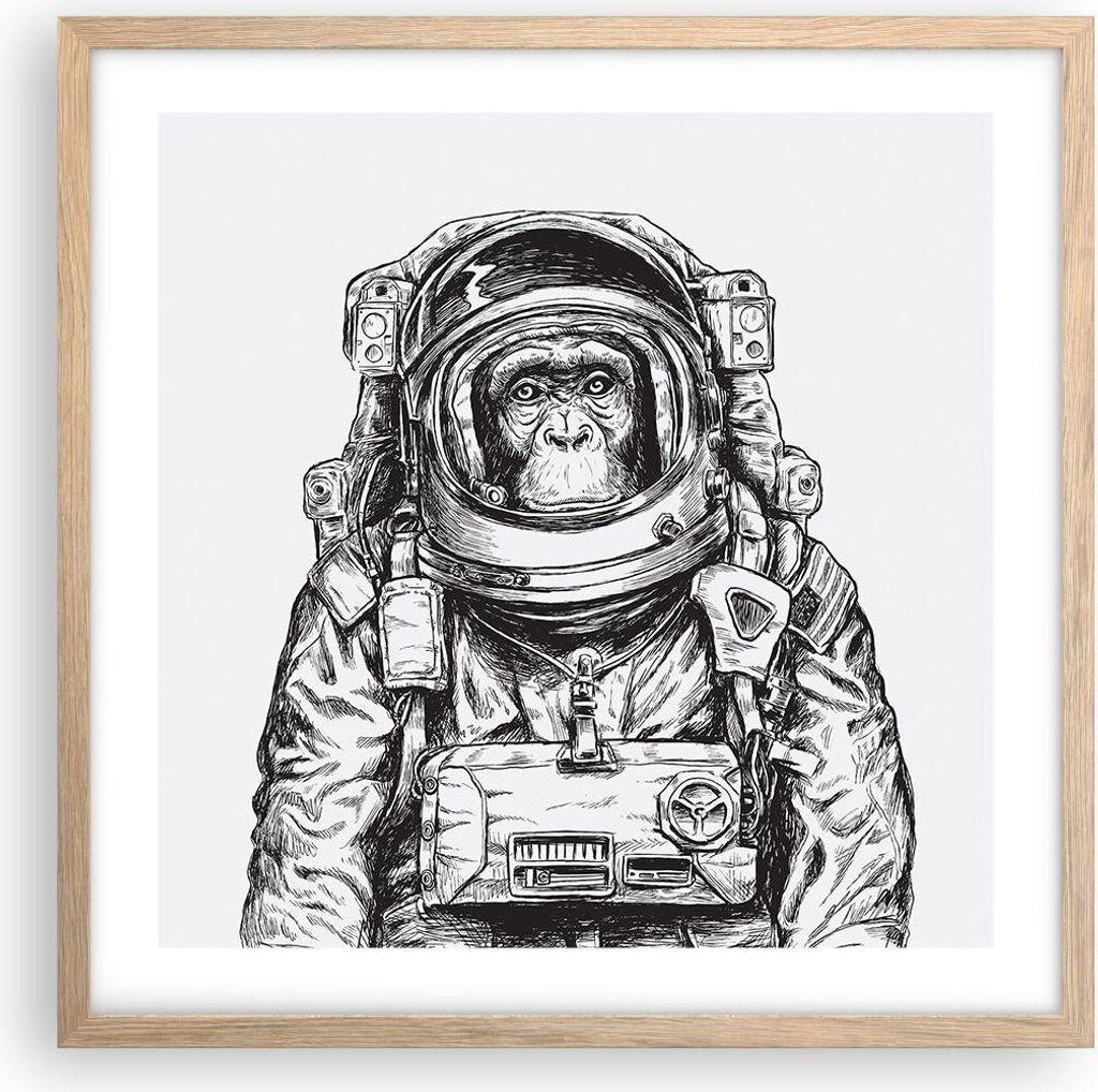 Gerahmtes Poster - Rahmen in heller Eiche - Schimpanse Astronaut Zeichnung - 50x50 cm - Wand Bild - Wanddeko - Wandbilder - Wandposter - Bilderrahm...