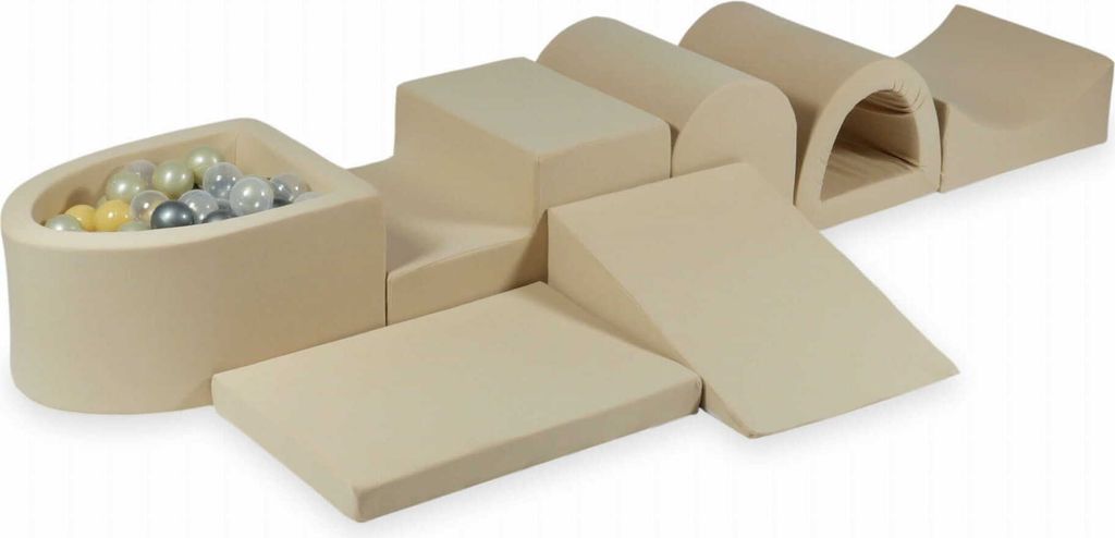 Größtes Schaumstoff-Spielset mit Mikro-Bällepool – beige + 100 Bällebadbälle / transparent, Meerjungfraueneffekt, Hellgold, Silber, Beige