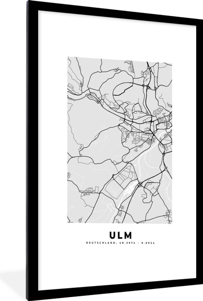MuchoWow Gerahmtes Poster Deutschland - Karte - Ulm - Stadtplan 60x90 cm - Poster mit Schwarzem Bilderrahmen Wandposter Rahmen Foto Bilder - Deko...