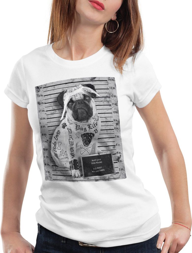 style3 Pug Tattoo T-Shirt Damen mops hund gangster rock motorrad tattoed biker usa, Farbe:Weiß, Größe:S