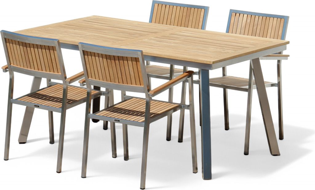 ALEOS. Gartengarnitur Edelstahl Teak Set Tisch Nassau 160x90 cm + 4 stapelbare Sessel beste Teakholz Qualität A-Grade Sitzgarnitur Gastronomiequal...
