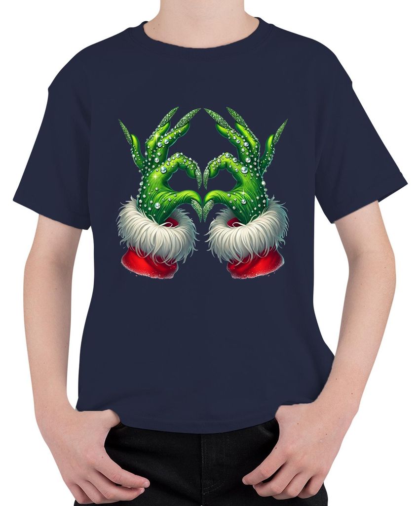 Grinch Hände Herz Weihnachten lustig Geschenk Glitzer Uni Kinder T-Shirt, Navy, 116