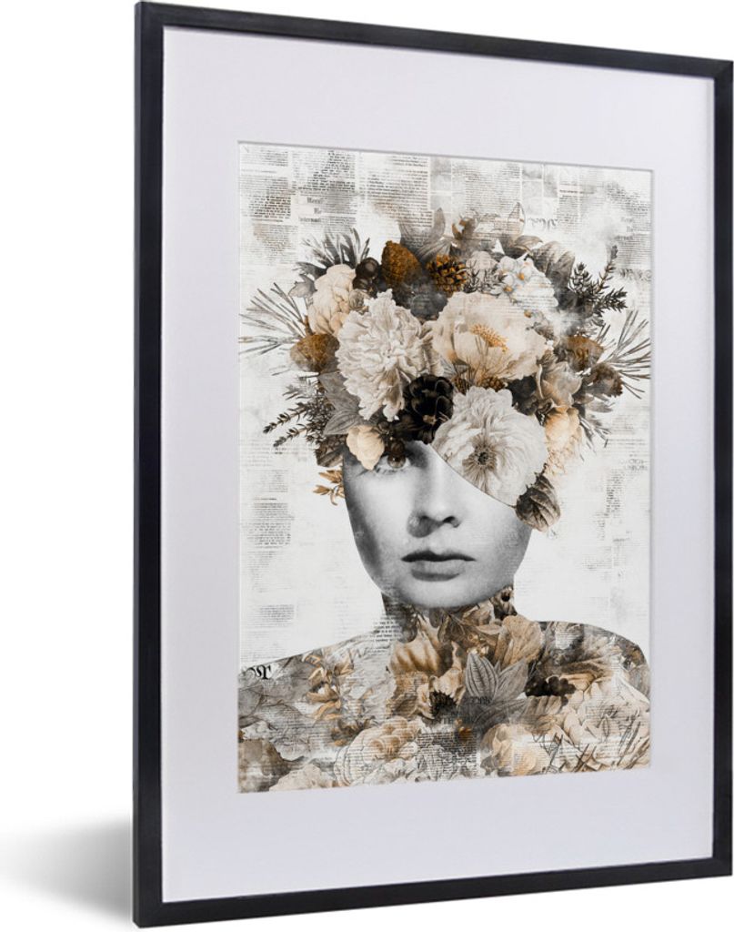 MuchoWow MuchoWow Gerahmtes Poster Frau - Schrapnell - Zeitung 30x40 cm - Poster mit zchwarzem Bilderrahmen - Wandposter Schlafzimmer
