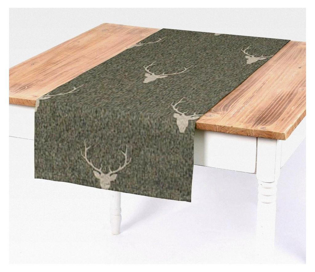 Tischläufer Jacquard Hirschkopf Geweih grün beige