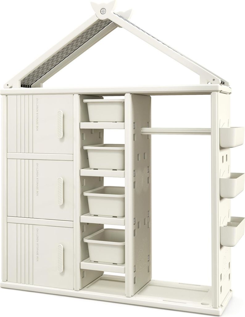 COSTWAY Kinderregal, Bücherregal Kinder, Spielzeugregal mit Kleiderstange, Regalen, Seitenkörben & 4 Aufbewahrungsboxen, Spielzeugschrank, Weiß
