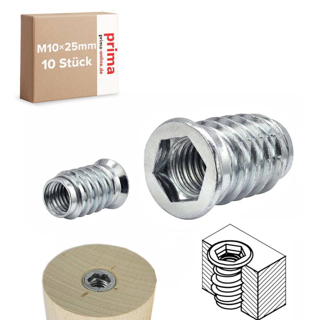 10x Einschraubmuffen M10 – Länge 25 mm – Einschraubmutter Eindrehmuffen Innensechskant M10x25 mm
