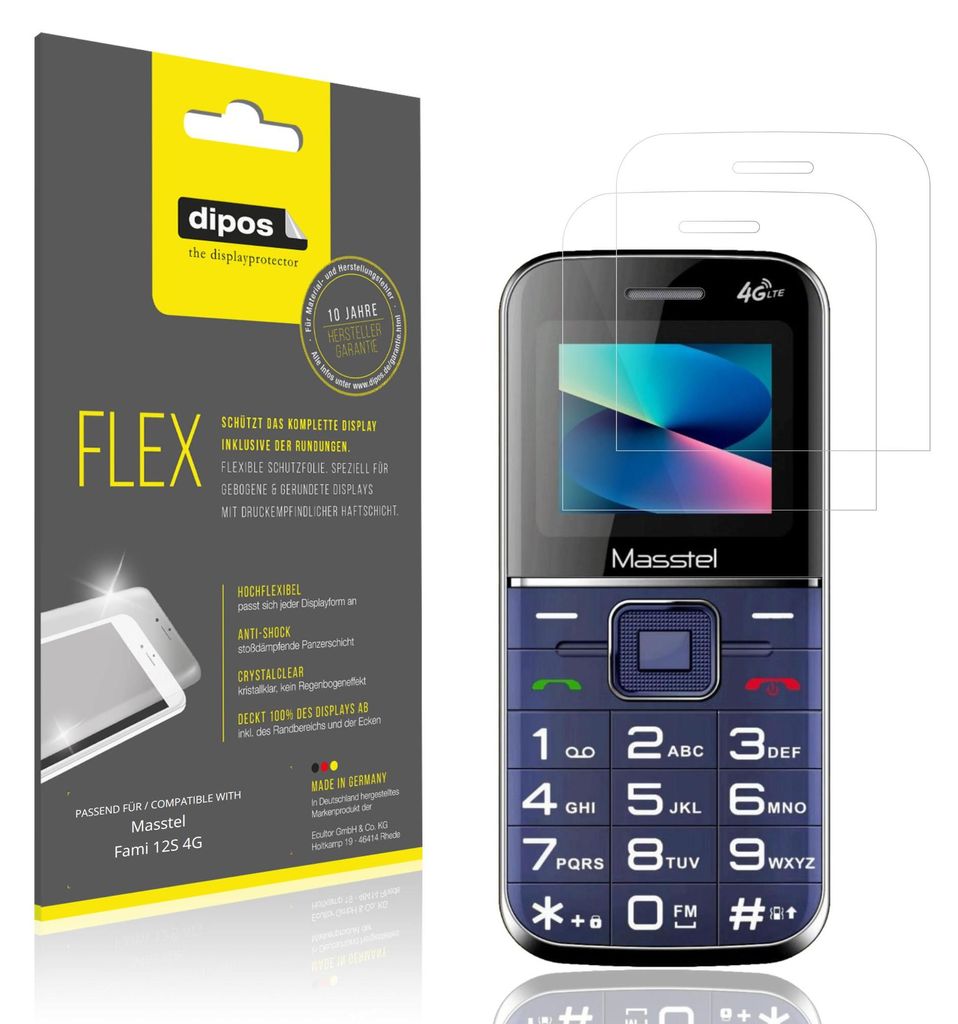 2x Schutzfolie für Masstel Fami 12S 4G Folie, 100% Displayabdeckung, dipos Flex