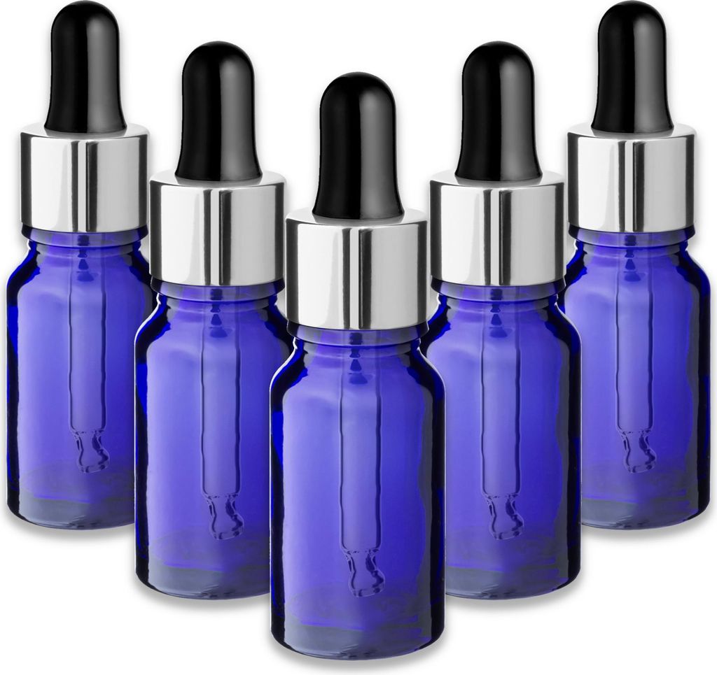 5x Blaue Glasflasche 10 ml mit silberner Aluminiumpipette – Kosmetikflasche