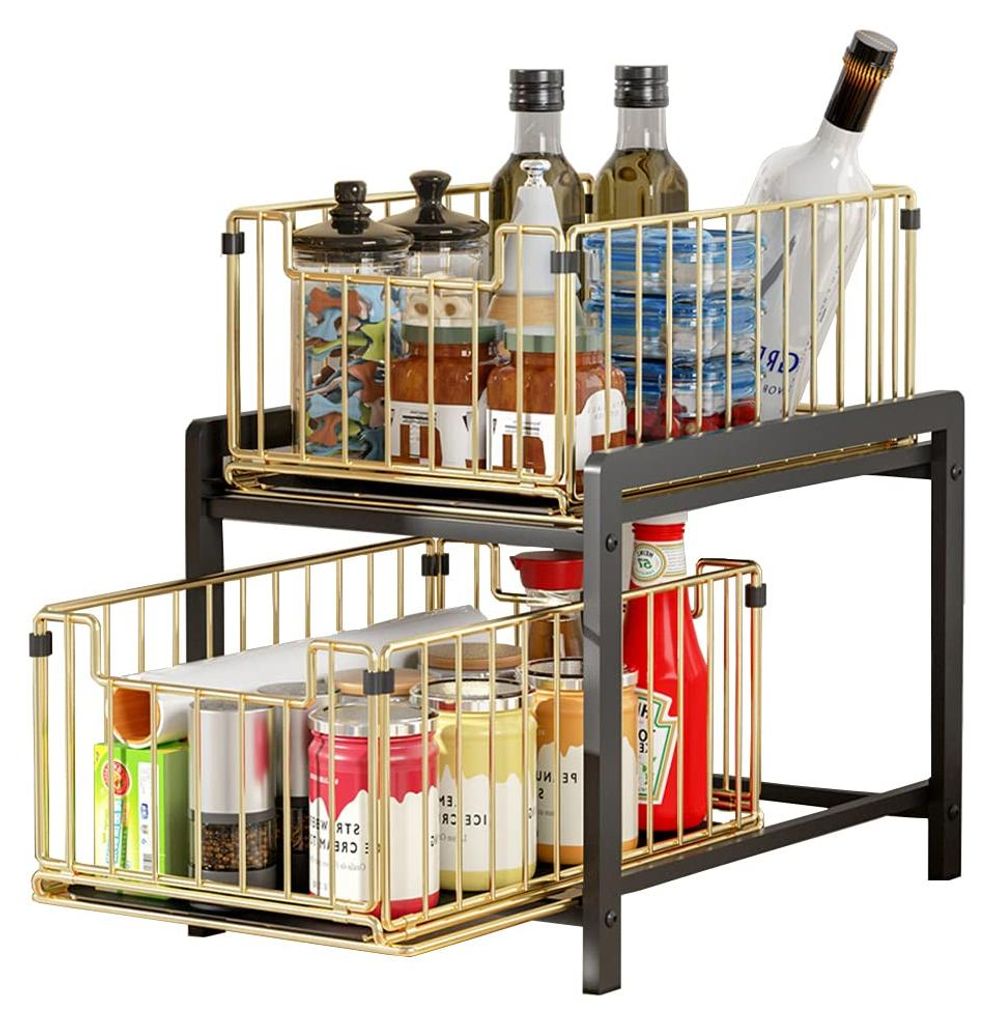Regal mit 2 Auszugskörben, 2 Ebenen, Gewürzregal, Edelstahl, Schublade, Stauraum, Badezimmer-Organizer, für Zuhause und Büro (Normal, Schwarz/G...