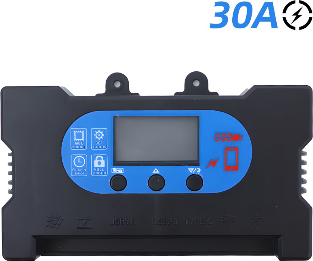 30A Solarladeregler 12V/24V Solarpanel Intelligenter Regler mit zwei USB-/Typ-C-Anschluessen OLED-Display PWM Solarpanel-Laderegler