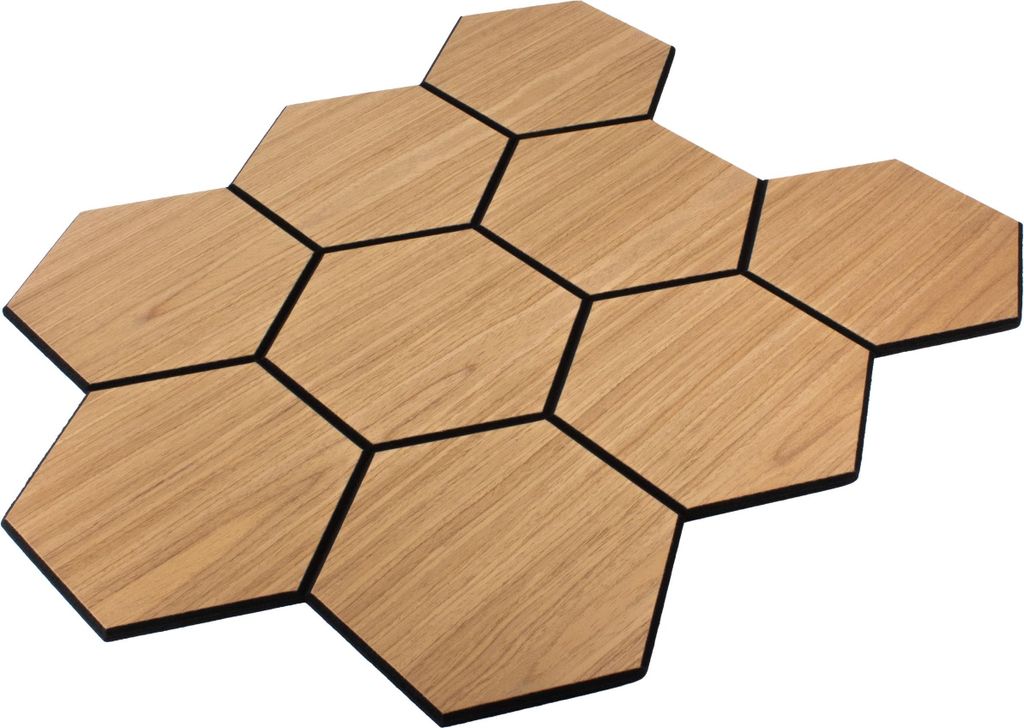 Akustikpaneel mit Holzfurnier Hexagon in Bright Teak - 727x600 mm - mit PET-Filz - 2 Stück