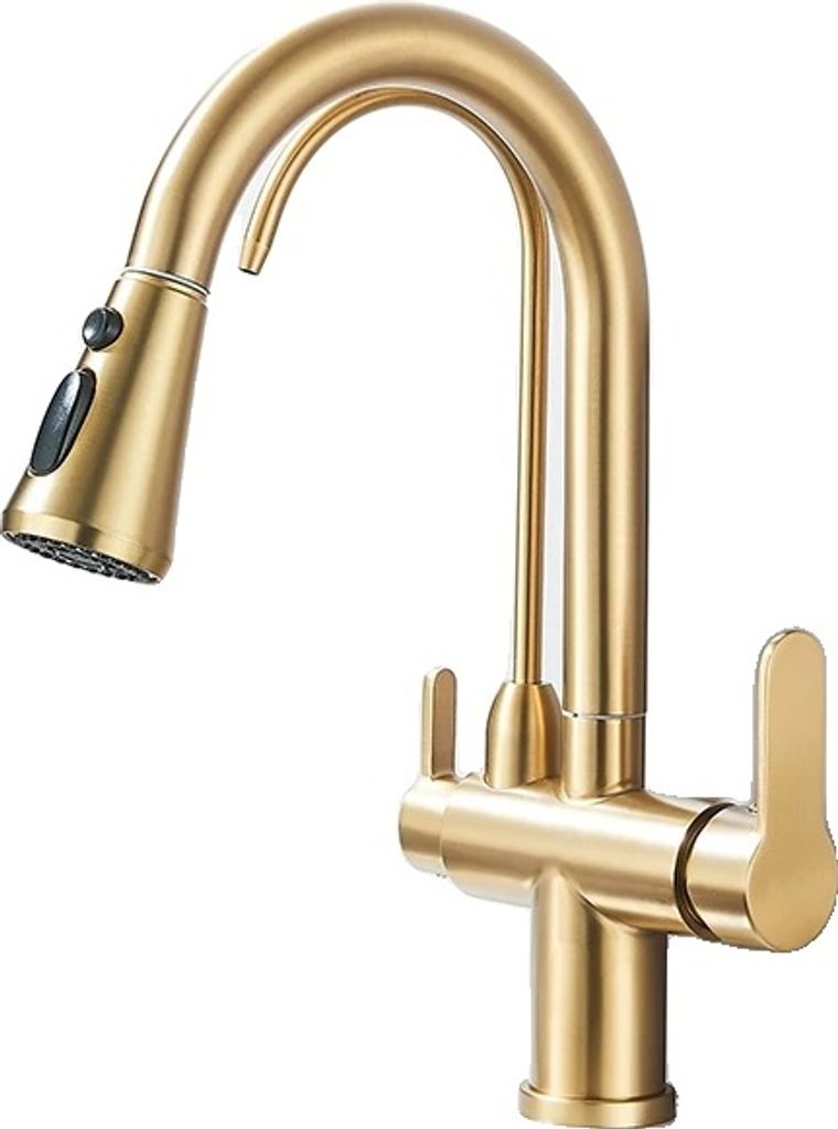 A close-up studio shot of a gold kitchen faucet.