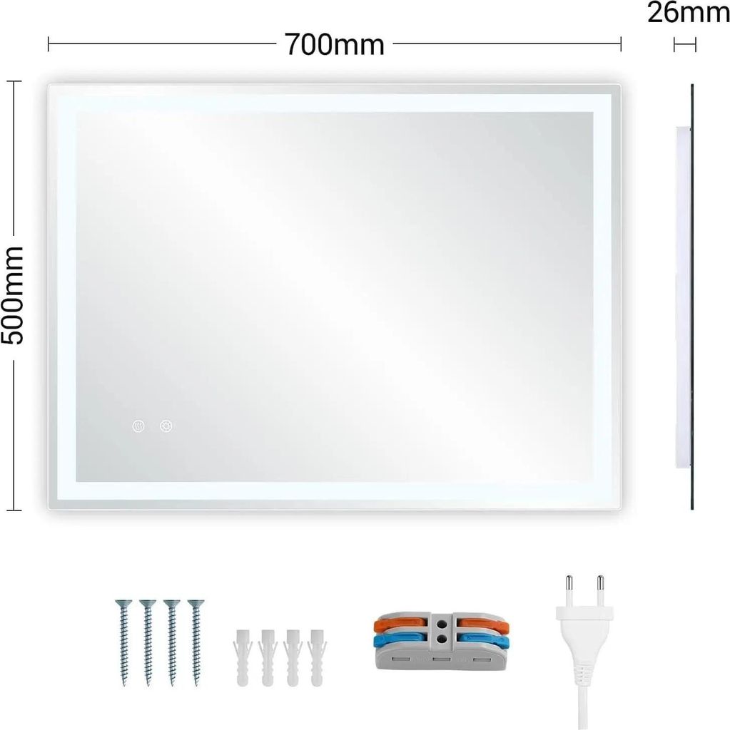 LED Badspiegel - Rechteckig rahmenlos 70 x 50 cm - Gehärtetes Glas - Beschlagfrei - 3 Farbtemperaturen - Dimmbarer Touchsensor - Weiß