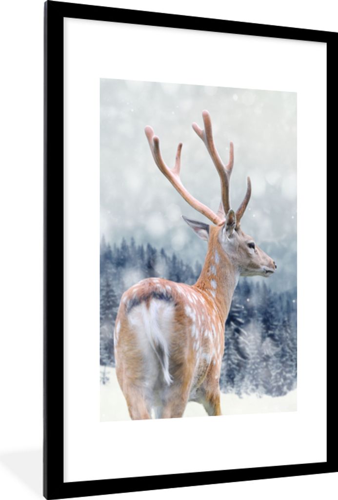 MuchoWow Gerahmtes Poster Winter - Hirsche - Tiere 60x90 cm - Poster mit Schwarzem Bilderrahmen Wandposter Rahmen Foto Bilder - Dekoration - Wand...