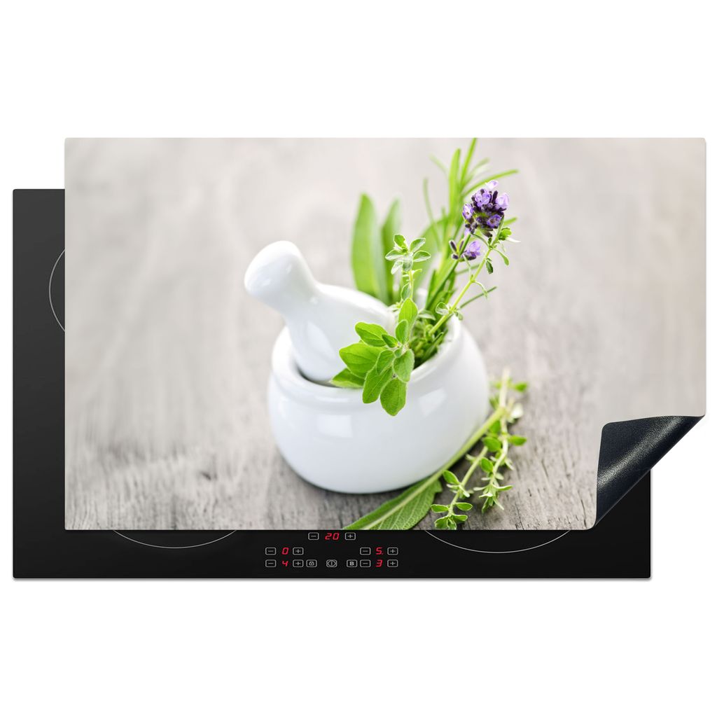 KitchenYeah Herdabdeckplatte Kräuter - Grün - Weiß - Glas , 85x52cm, Küche Deko, Glaskeramikkochfeld Herdabdeckung, Abdeckplatte fùr Kochfeld