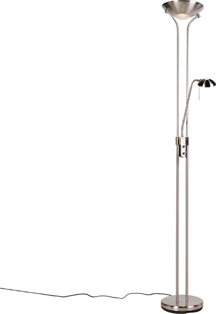 QAZQA - Modern Stehleuchte I Stehlampe I Standleuchte I Lampe I Leuchte aus Stahl I Silber I nickel matt mit Leseleuchte inkl. LED und Dimmer - Div...