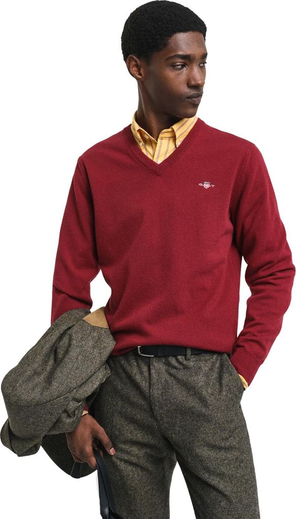 Gant Pullover bordeaux gestrickt V-Ausschnitt Wolle mit Bündchen