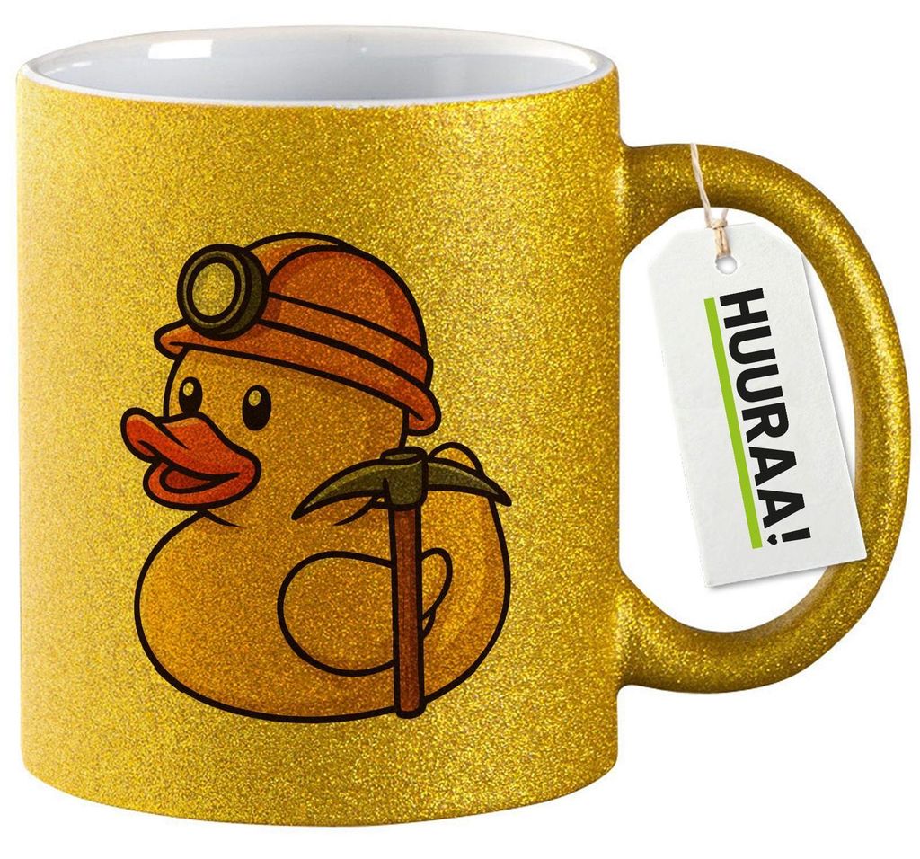 Huuraa Glitzertasse Quietscheente Bergbau Gummiente Glück auf 330ml Gold Keramik Kaffeebecher Geschenkidee