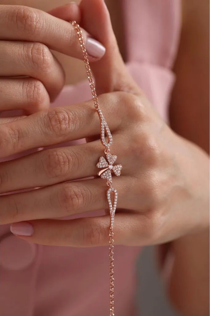 Gourmette femme en argent rose et trèfle à quatre feuilles ajustable